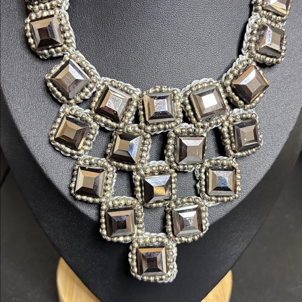 Silver Bib Macrame Statement Modernist Necklace - image 2
